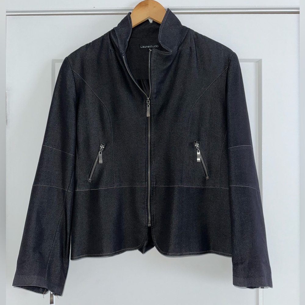 Laura Studio Black Zip-Front Jacket Blazer | Size 12 | Stretch Tailored Workwear